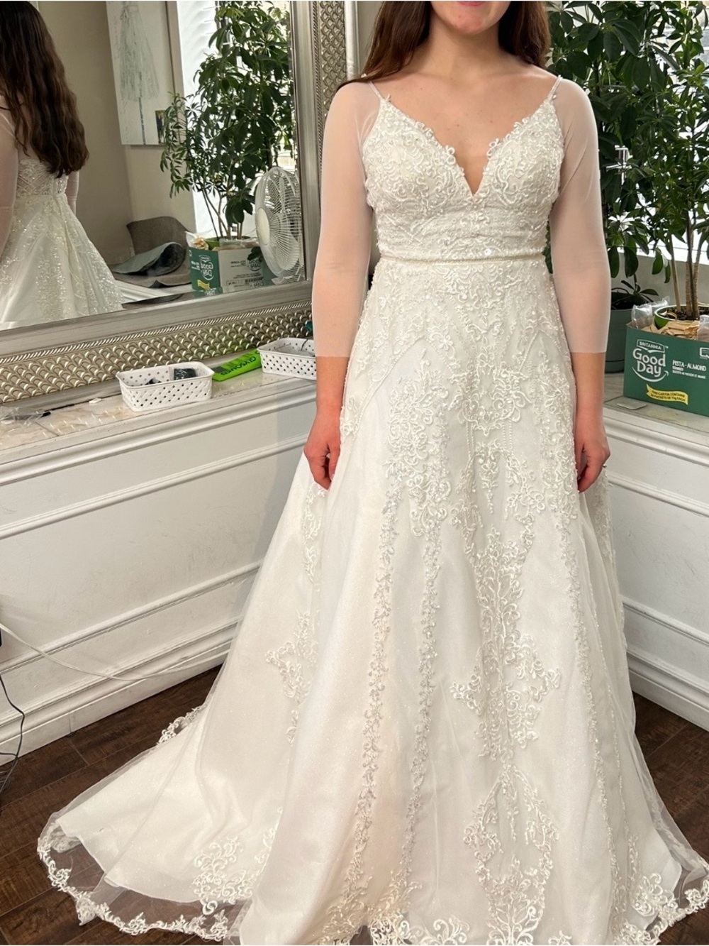 David's Bridal Ivory Lace V-Neck A-Line Wedding Gown with Sheer Long Sleeves